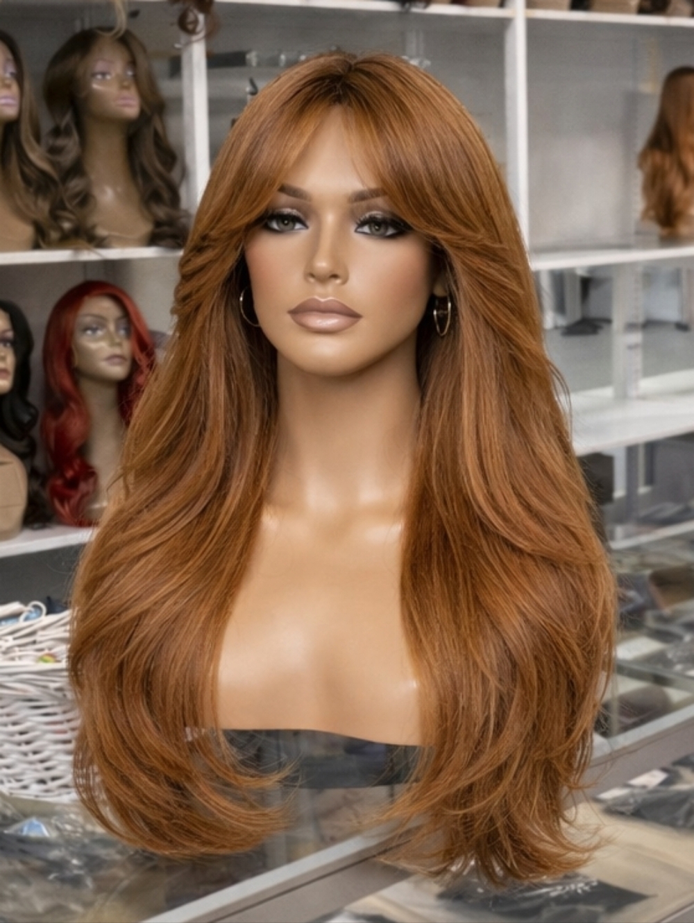 Long Layered Copper Brown Human Hair Wig - Picture 2 of 7
